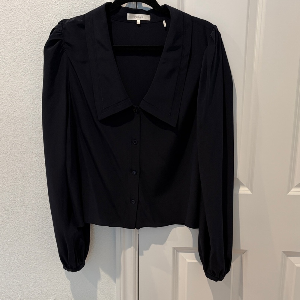 Frame Navy Button Front Puff Sleeve Blouse
